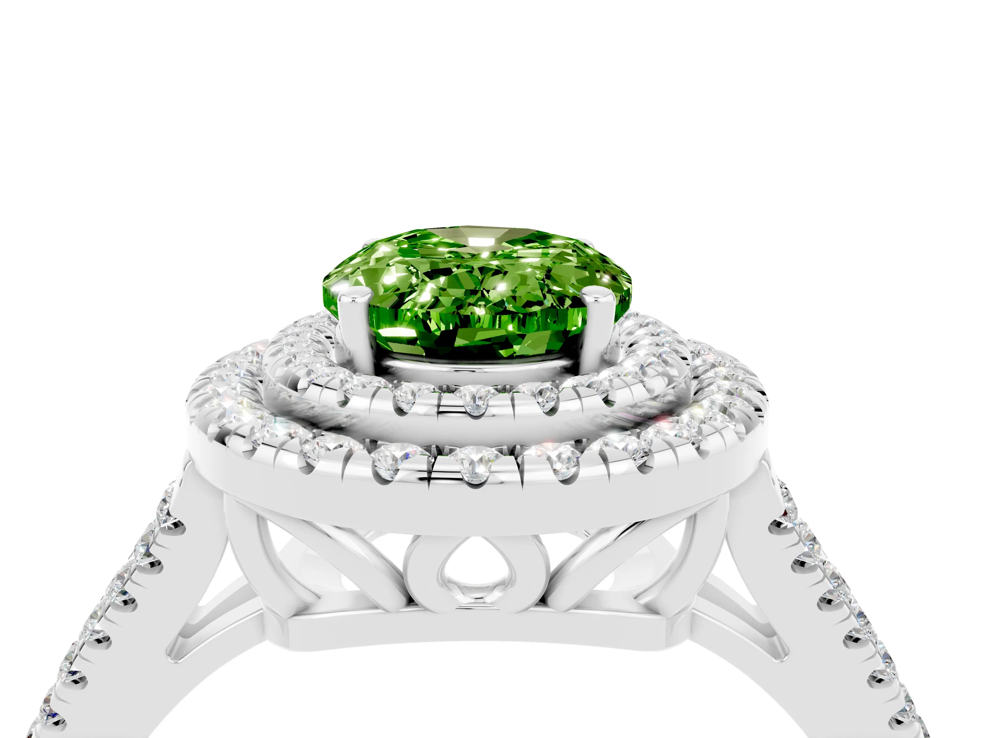 White gold Oval Cut Peridot Double Halo Ring with Pavé Band and Prong Setting_16