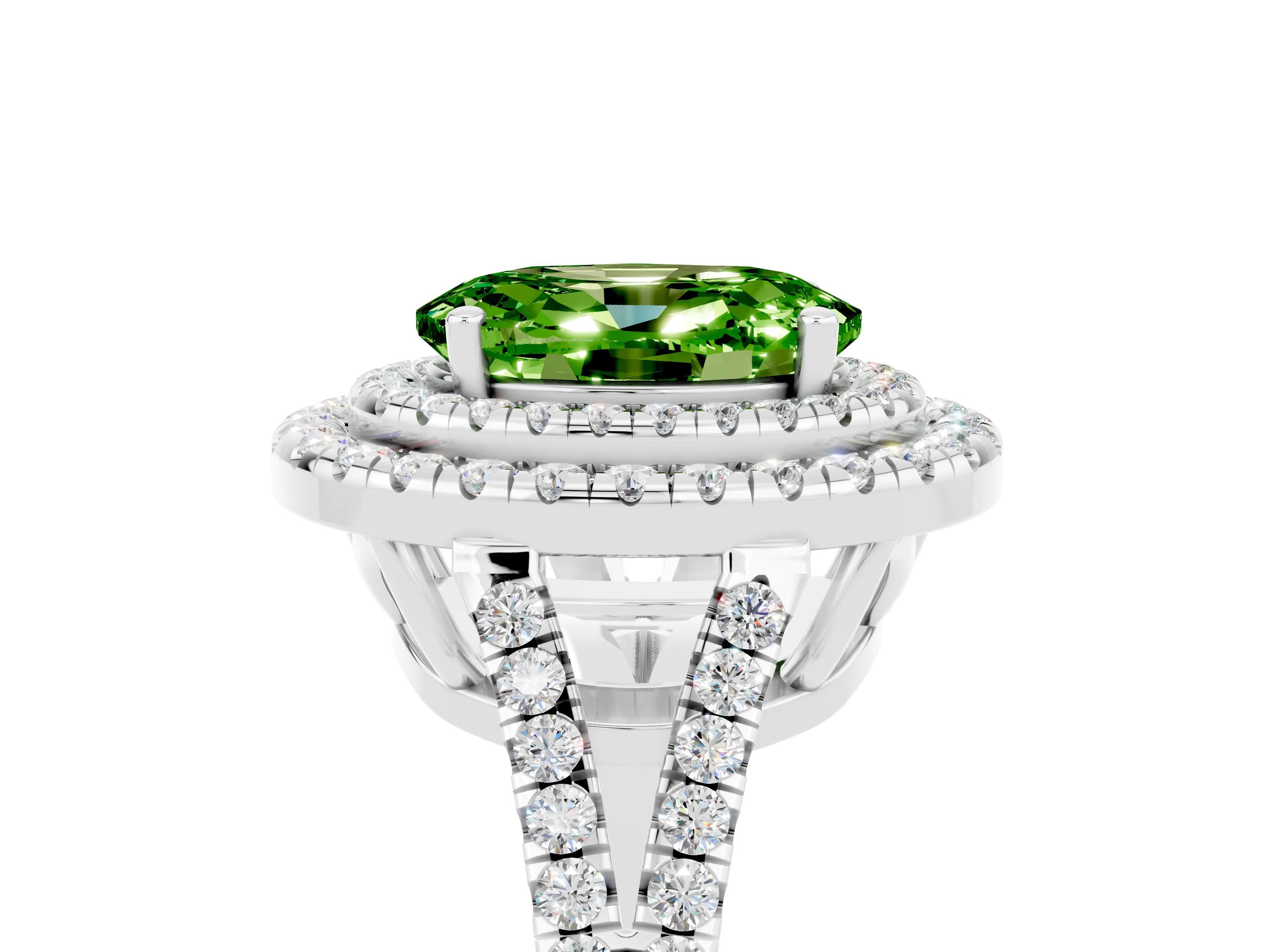 White gold Oval Cut Peridot Double Halo Ring with Pavé Band and Prong Setting_17