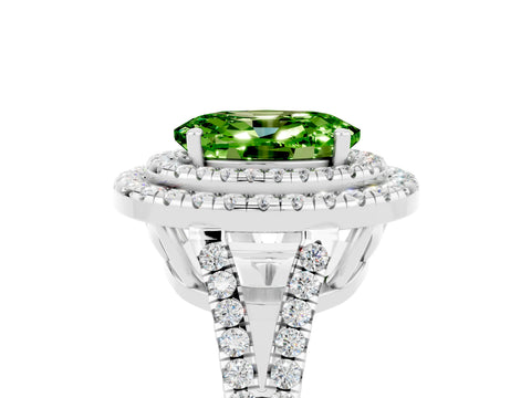 White gold Oval Cut Peridot Double Halo Ring with Pavé Band and Prong Setting_17