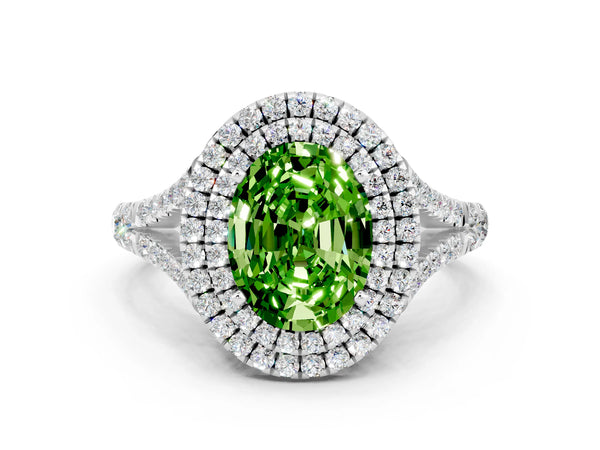 Platinum Oval Cut Peridot Double Halo Ring with Split Shank and Prong Setting