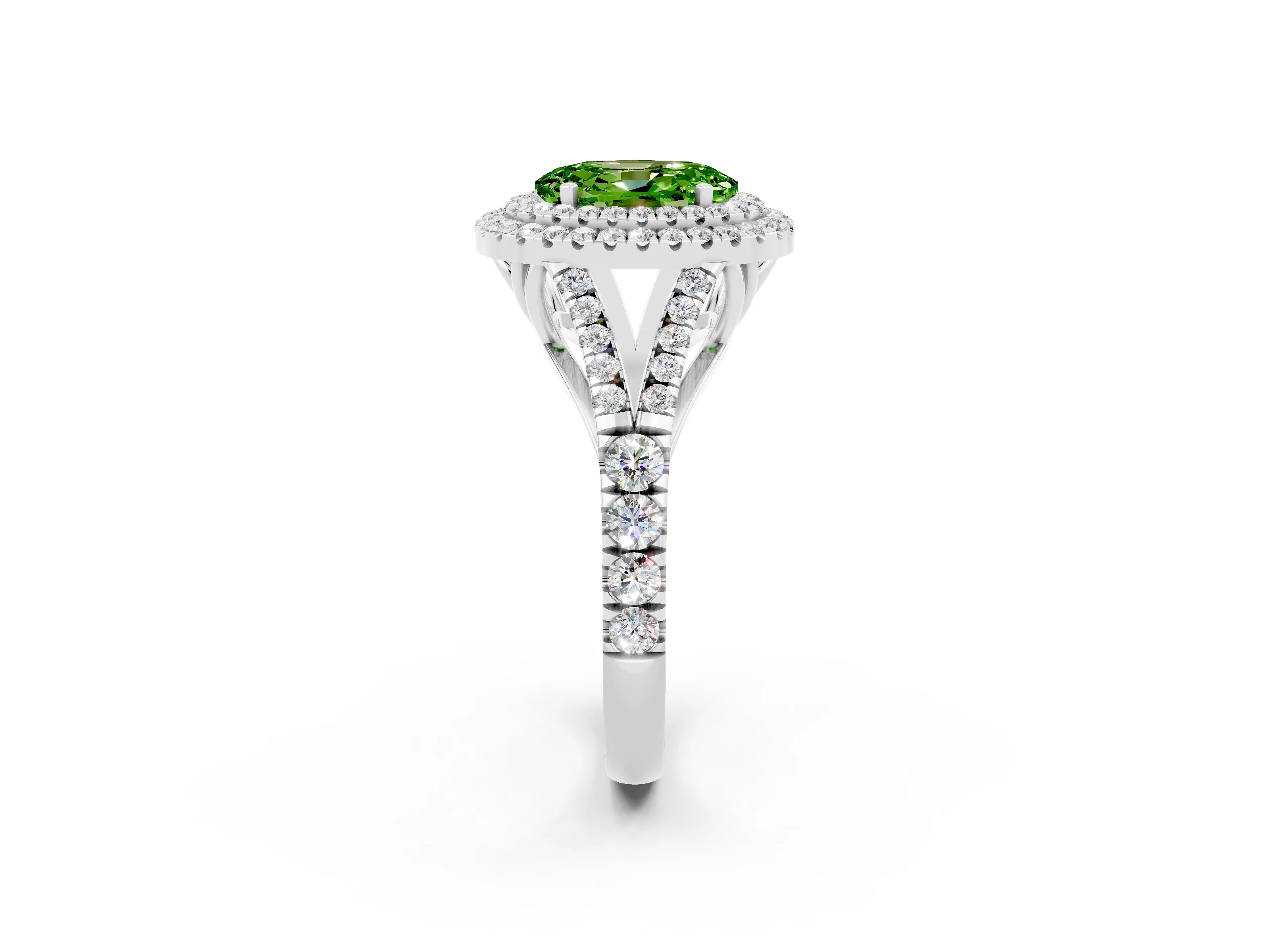 White gold Oval Cut Peridot Double Halo Ring with Split Shank and Prong Setting_14