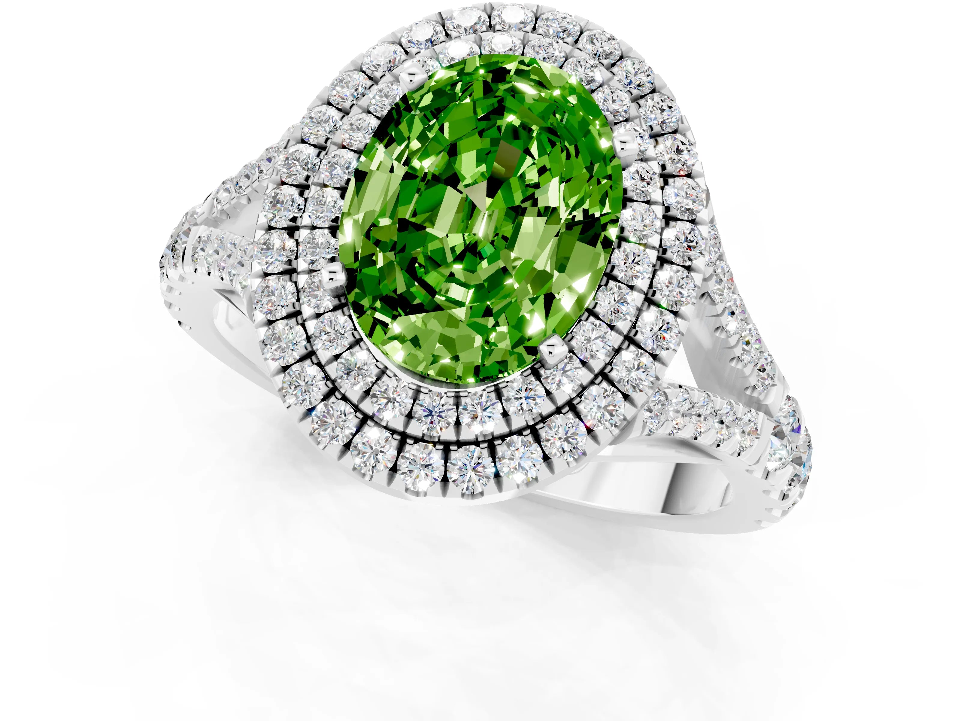 White gold Oval Cut Peridot Double Halo Ring with Split Shank and Prong Setting_25