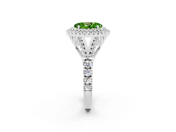 White gold Oval Cut Peridot Double Halo Ring with Split Shank and Prong Setting