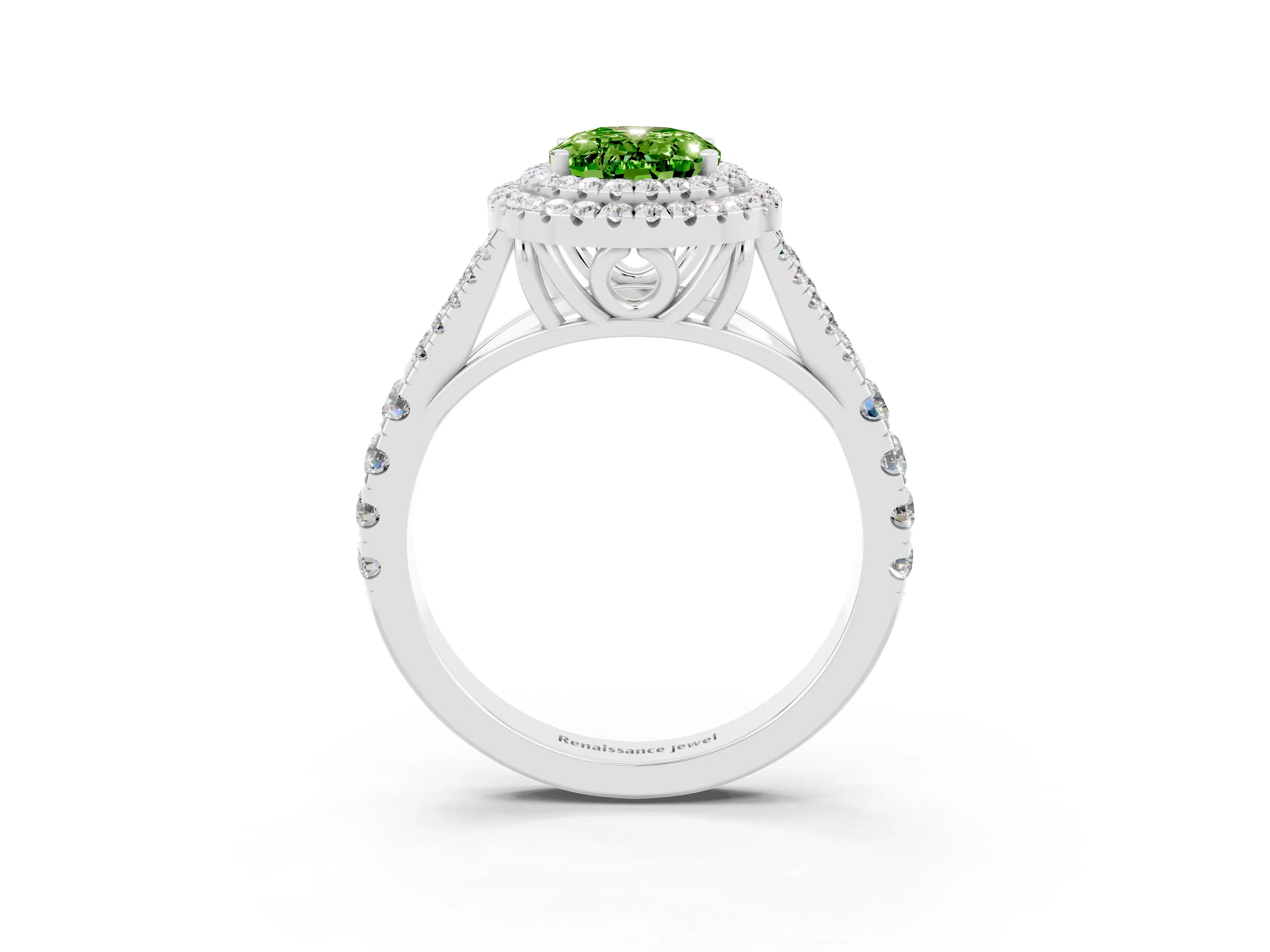White gold Oval Cut Peridot Double Halo Ring with Split Shank and Prong Setting_27