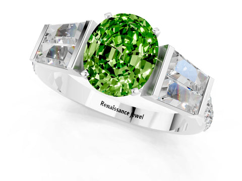 White gold Oval Cut Peridot Engagement Ring with Baguette Side Stones and Channel Set Band_1