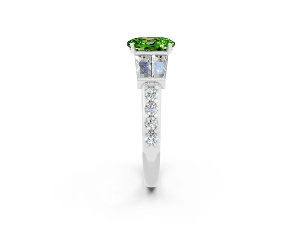 White gold Oval Cut Peridot Engagement Ring with Baguette Side Stones and Channel Set Band