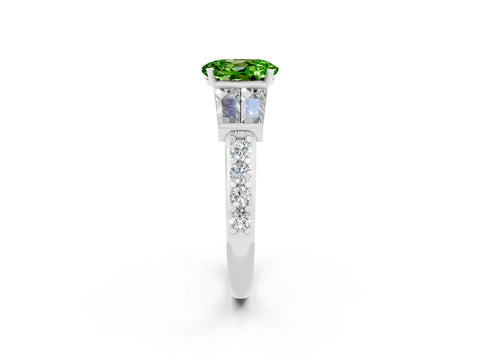 White gold Oval Cut Peridot Engagement Ring with Baguette Side Stones and Channel Set Band_2