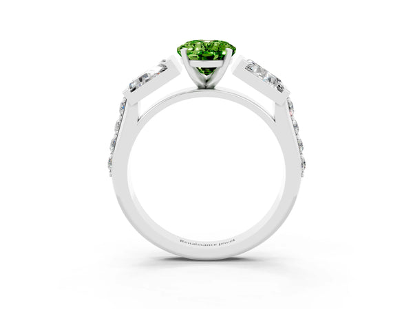 Platinum Oval Cut Peridot Engagement Ring with Baguette Side Stones and Channel Set Band