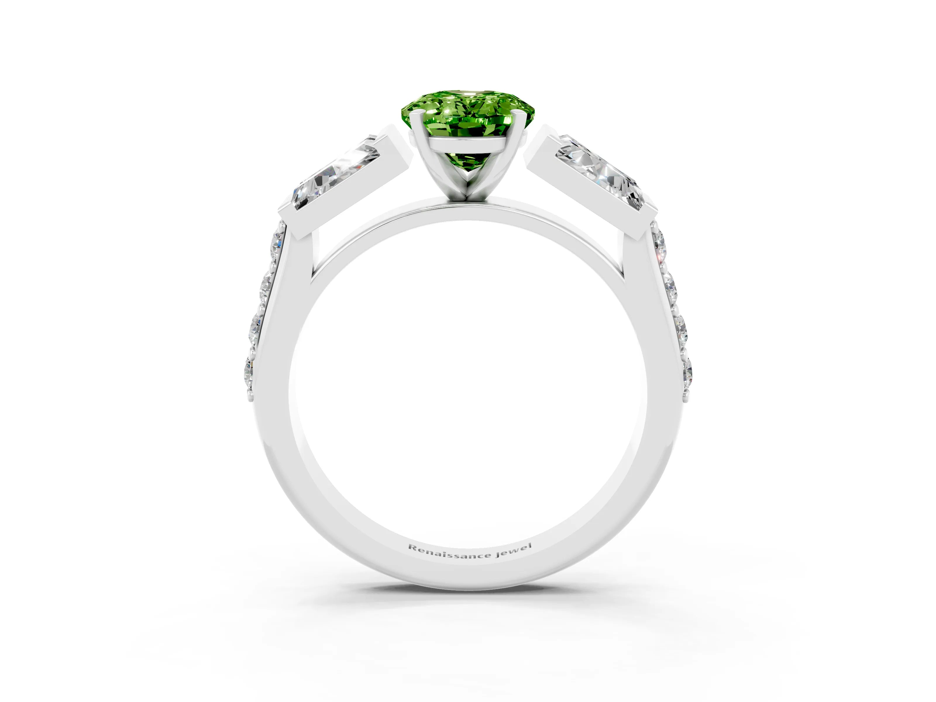 White gold Oval Cut Peridot Engagement Ring with Baguette Side Stones and Channel Set Band_3