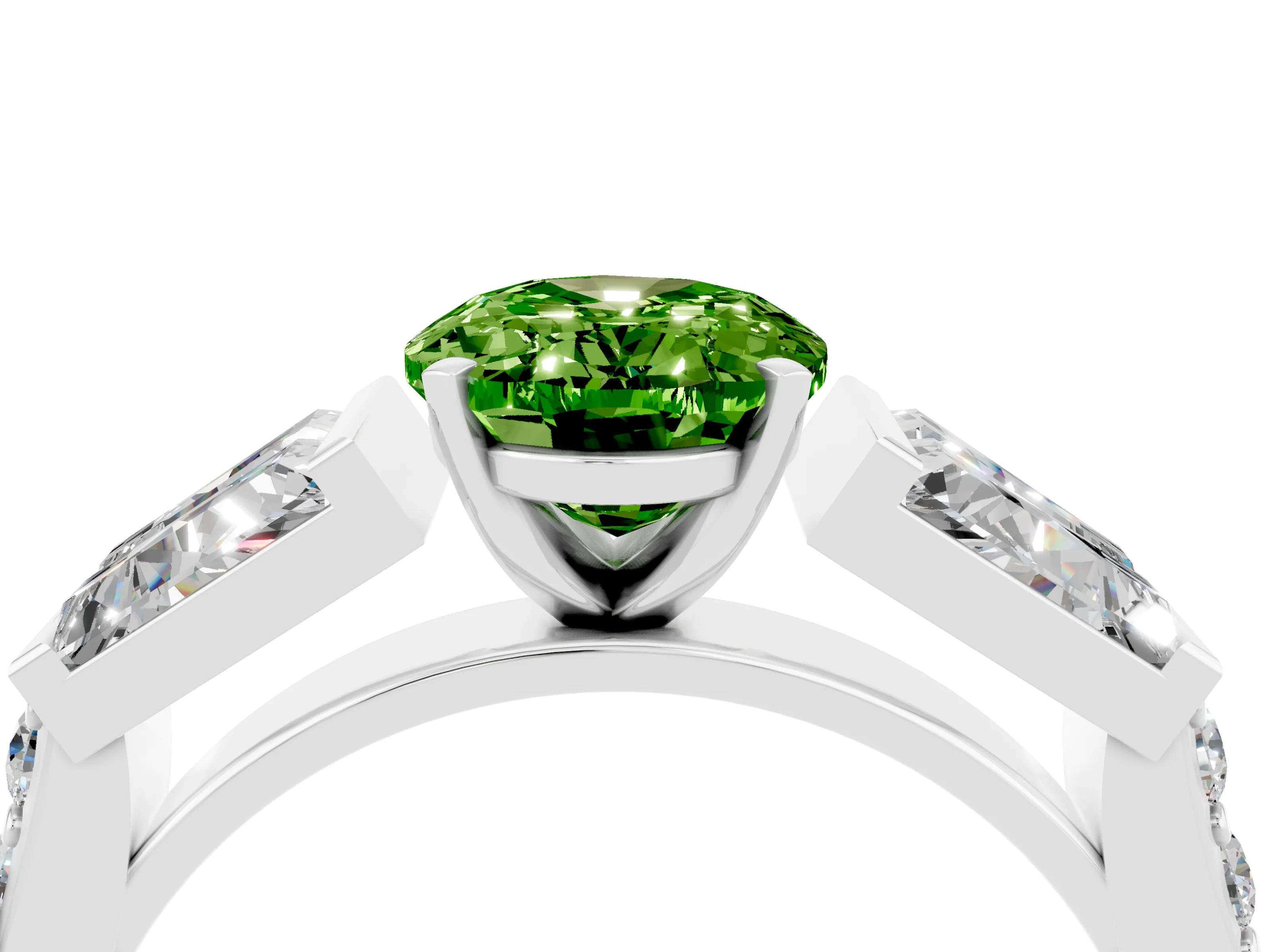 White gold Oval Cut Peridot Engagement Ring with Baguette Side Stones and Channel Set Band_4
