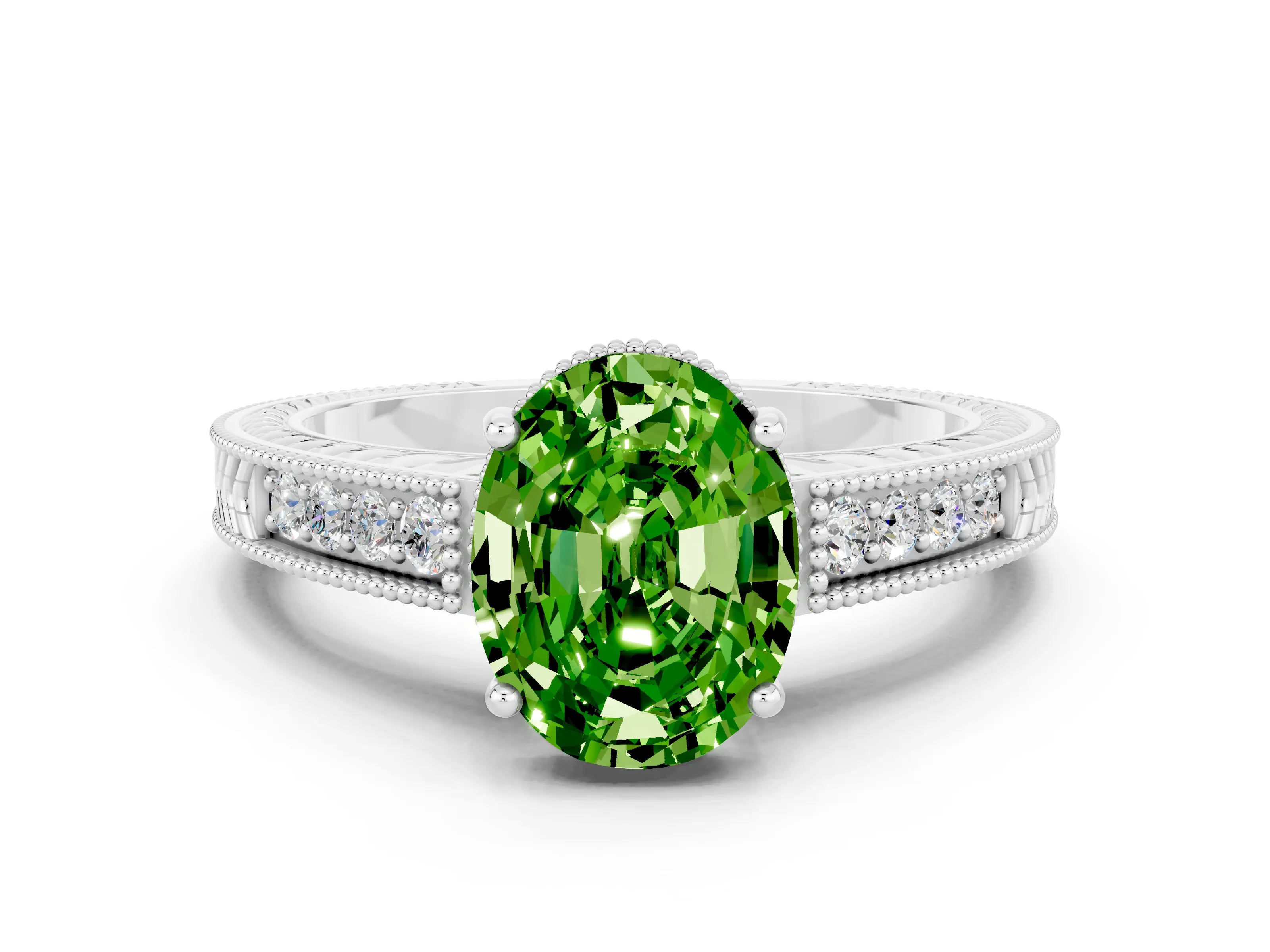 White gold Oval Cut Peridot Engagement Ring with Milgrain Channel Set Band and Prong Setting