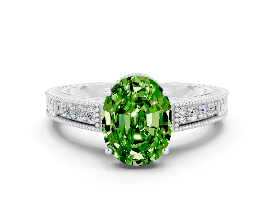 White gold Oval Cut Peridot Engagement Ring with Milgrain Channel Set Band and Prong Setting