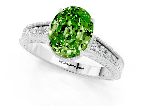 White gold Oval Cut Peridot Engagement Ring with Milgrain Channel Set Band and Prong Setting_1