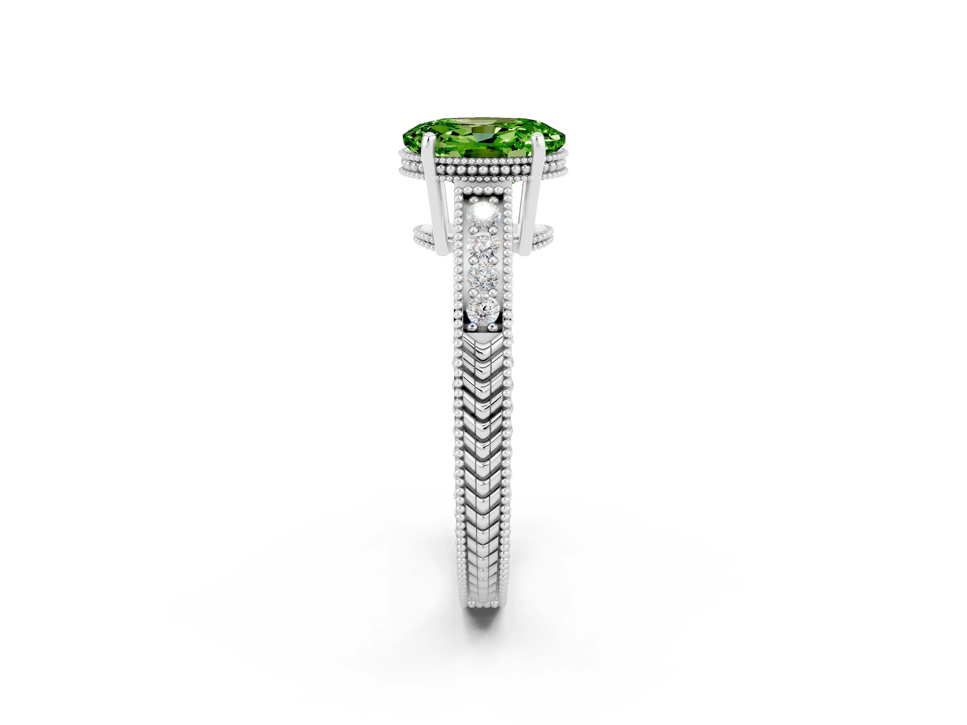 White gold Oval Cut Peridot Engagement Ring with Milgrain Channel Set Band and Prong Setting_2