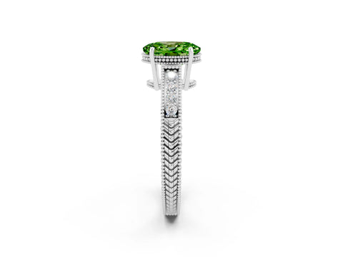 White gold Oval Cut Peridot Engagement Ring with Milgrain Channel Set Band and Prong Setting_2