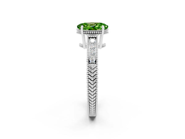White gold Oval Cut Peridot Engagement Ring with Milgrain Channel Set Band and Prong Setting