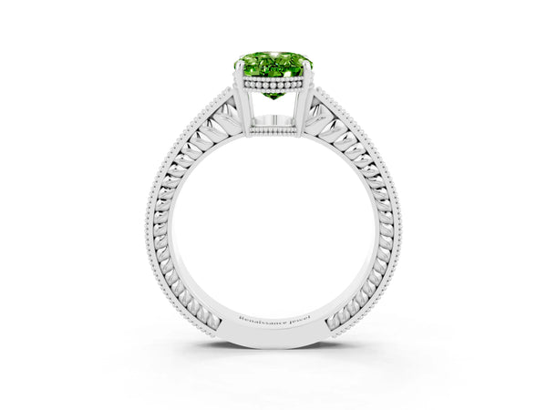 Platinum Oval Cut Peridot Engagement Ring with Milgrain Channel Set Band and Prong Setting