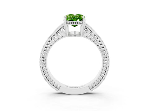 White gold Oval Cut Peridot Engagement Ring with Milgrain Channel Set Band and Prong Setting_3