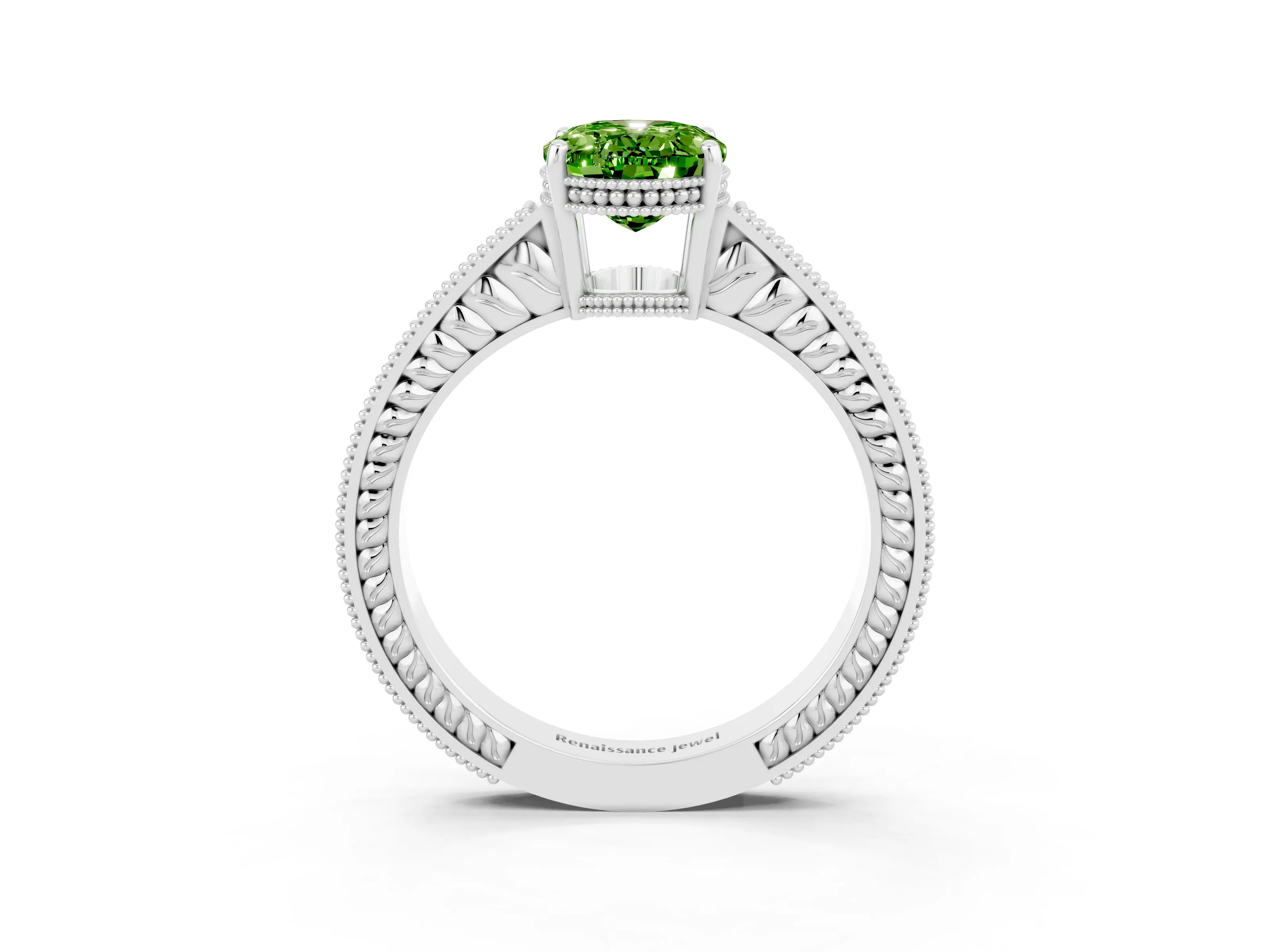 White gold Oval Cut Peridot Engagement Ring with Milgrain Channel Set Band and Prong Setting_3