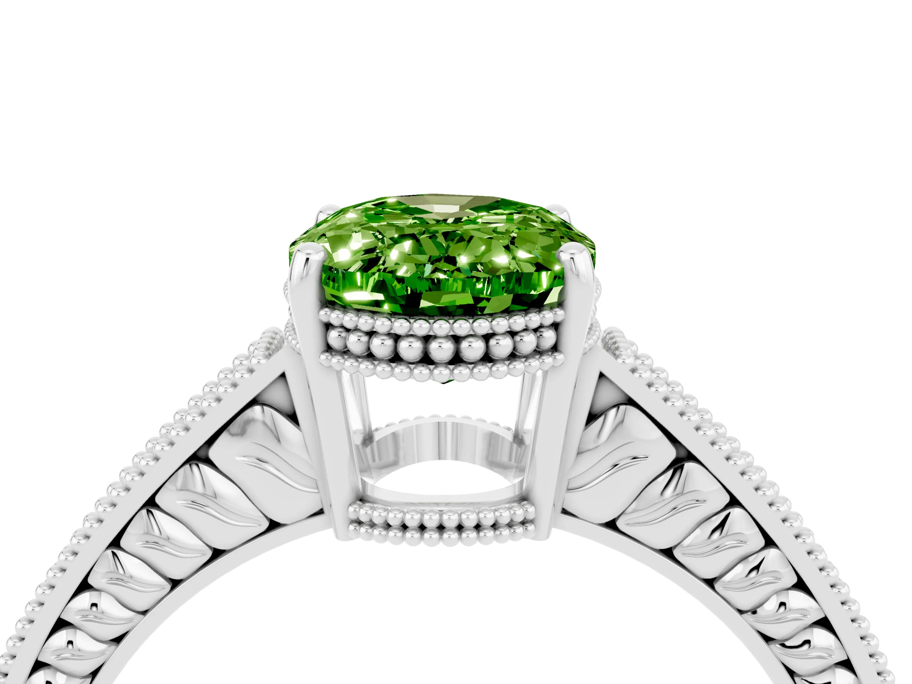 White gold Oval Cut Peridot Engagement Ring with Milgrain Channel Set Band and Prong Setting_4
