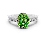 White gold Oval Cut Peridot Engagement Ring with Milgrain Channel Set Band and Prong Setting