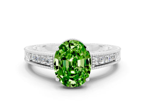 White gold Oval Cut Peridot Engagement Ring with Milgrain Channel Set Band and Prong Setting