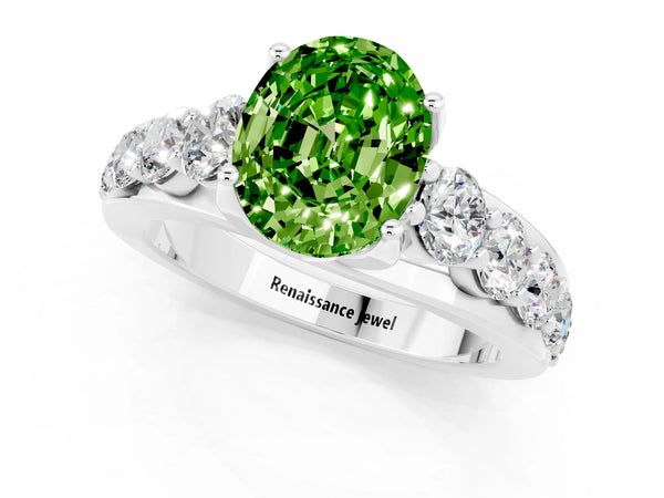 Platinum Oval Cut Peridot Engagement Ring with Pavé Band and Four-Prong Setting