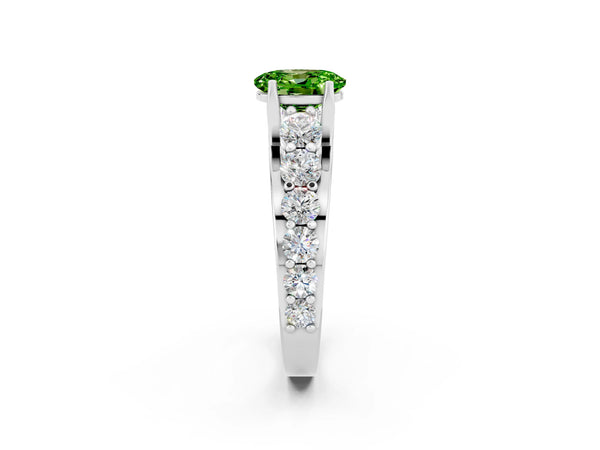 Platinum Oval Cut Peridot Engagement Ring with Pavé Band and Four-Prong Setting
