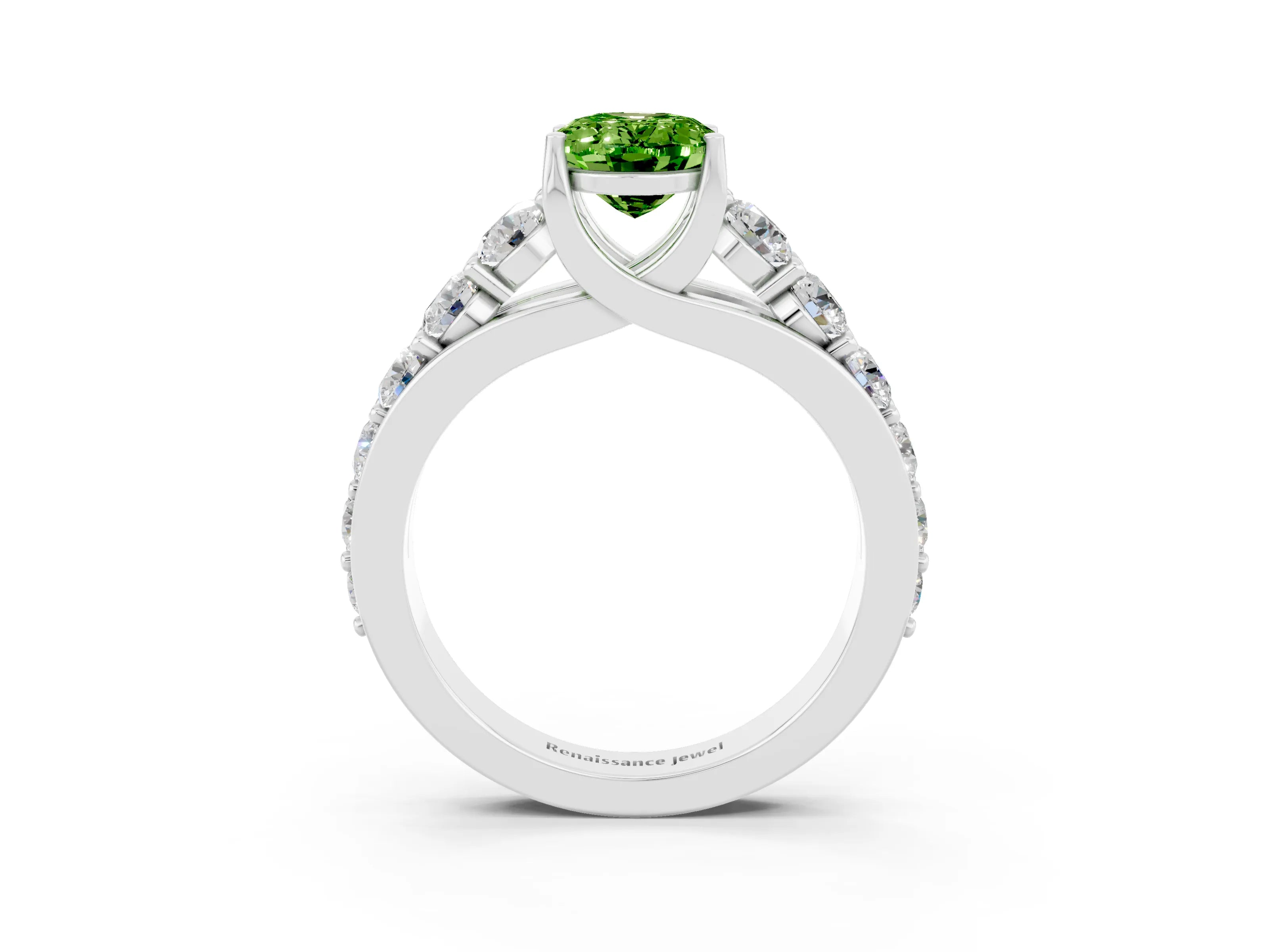 White gold Oval Cut Peridot Engagement Ring with Pavé Band and Four-Prong Setting_3