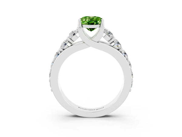White gold Oval Cut Peridot Engagement Ring with Pavé Band and Four-Prong Setting