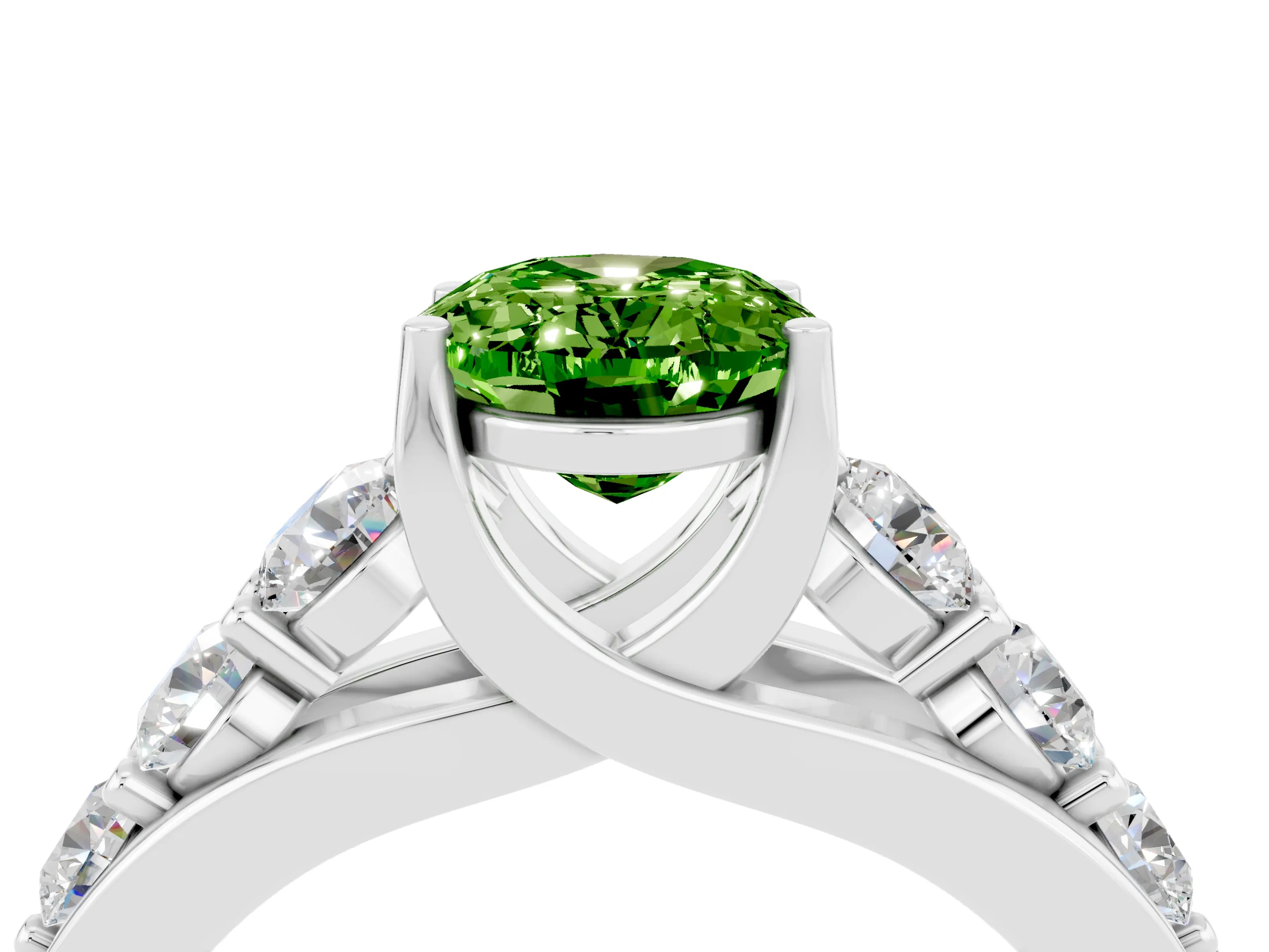 White gold Oval Cut Peridot Engagement Ring with Pavé Band and Four-Prong Setting_4