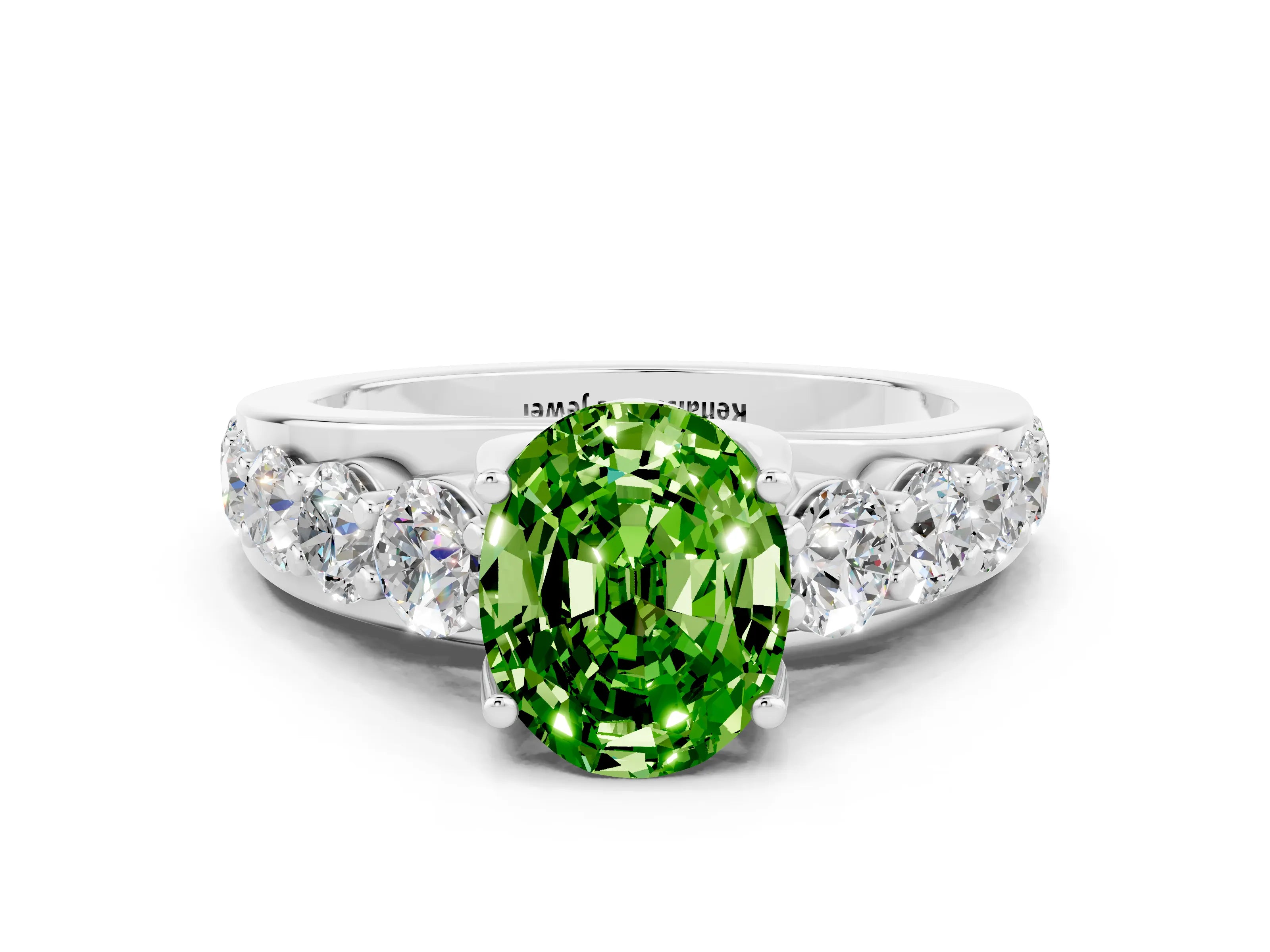 White gold Oval Cut Peridot Engagement Ring with Pavé Band and Four-Prong Setting
