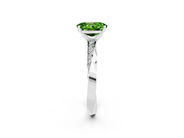 Silver Oval Cut Peridot Engagement Ring with Side Stone Accents and Four-Prong Setting