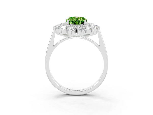 White gold Oval Cut Peridot Floral Double Halo Engagement Ring with Prong Setting