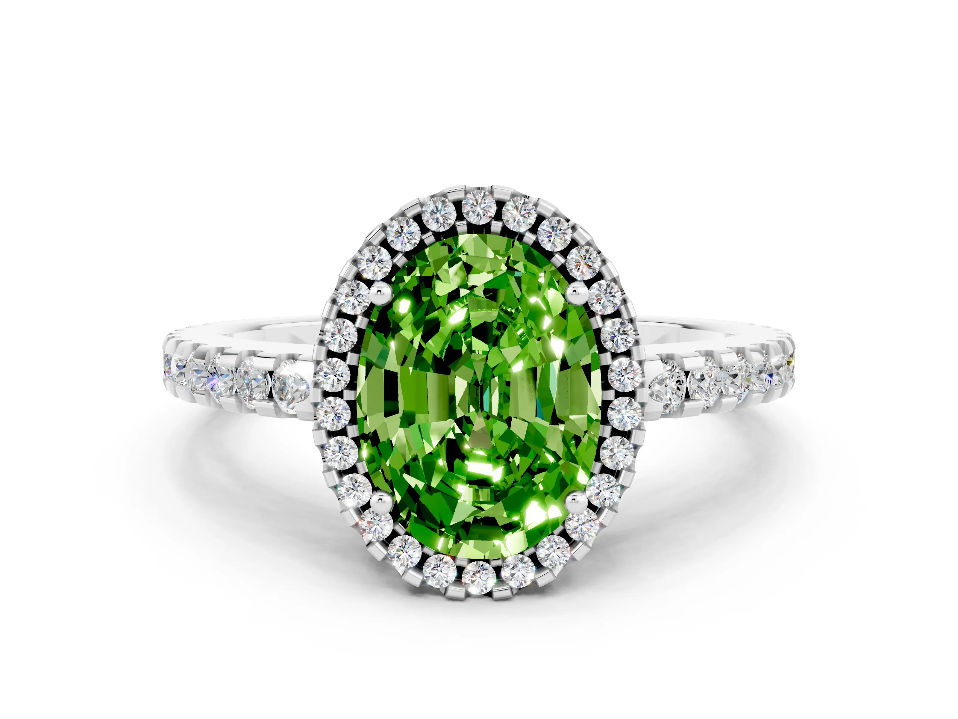 White gold Oval Cut Peridot Halo Engagement Ring with Pavé Band and Prong Setting_12