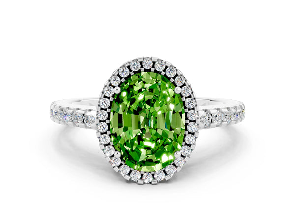 White gold Oval Cut Peridot Halo Engagement Ring with Pavé Band and Prong Setting