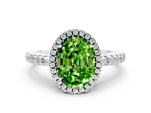 White gold Oval Cut Peridot Halo Engagement Ring with Pavé Band and Prong Setting_12