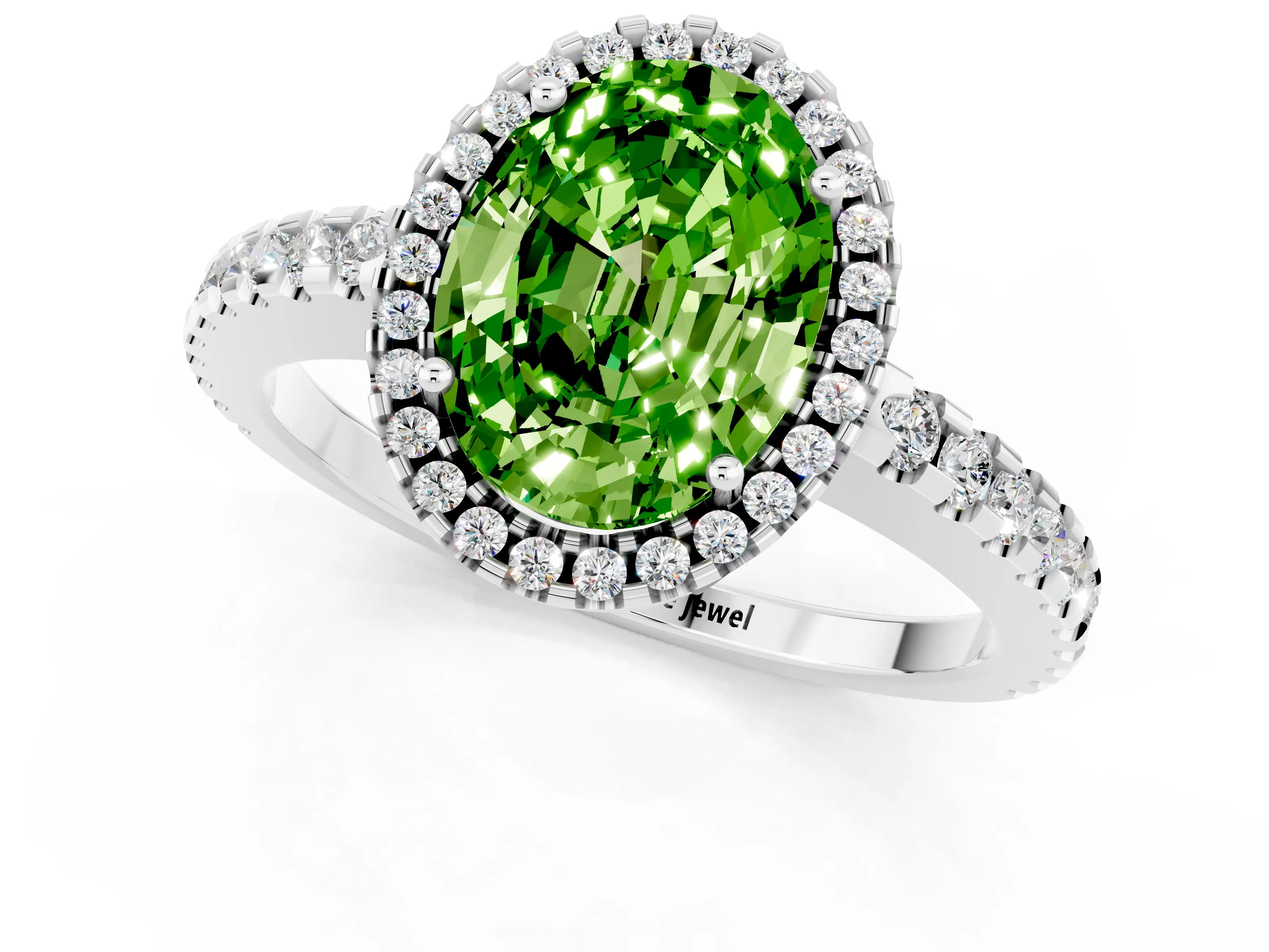 White gold Oval Cut Peridot Halo Engagement Ring with Pavé Band and Prong Setting_13