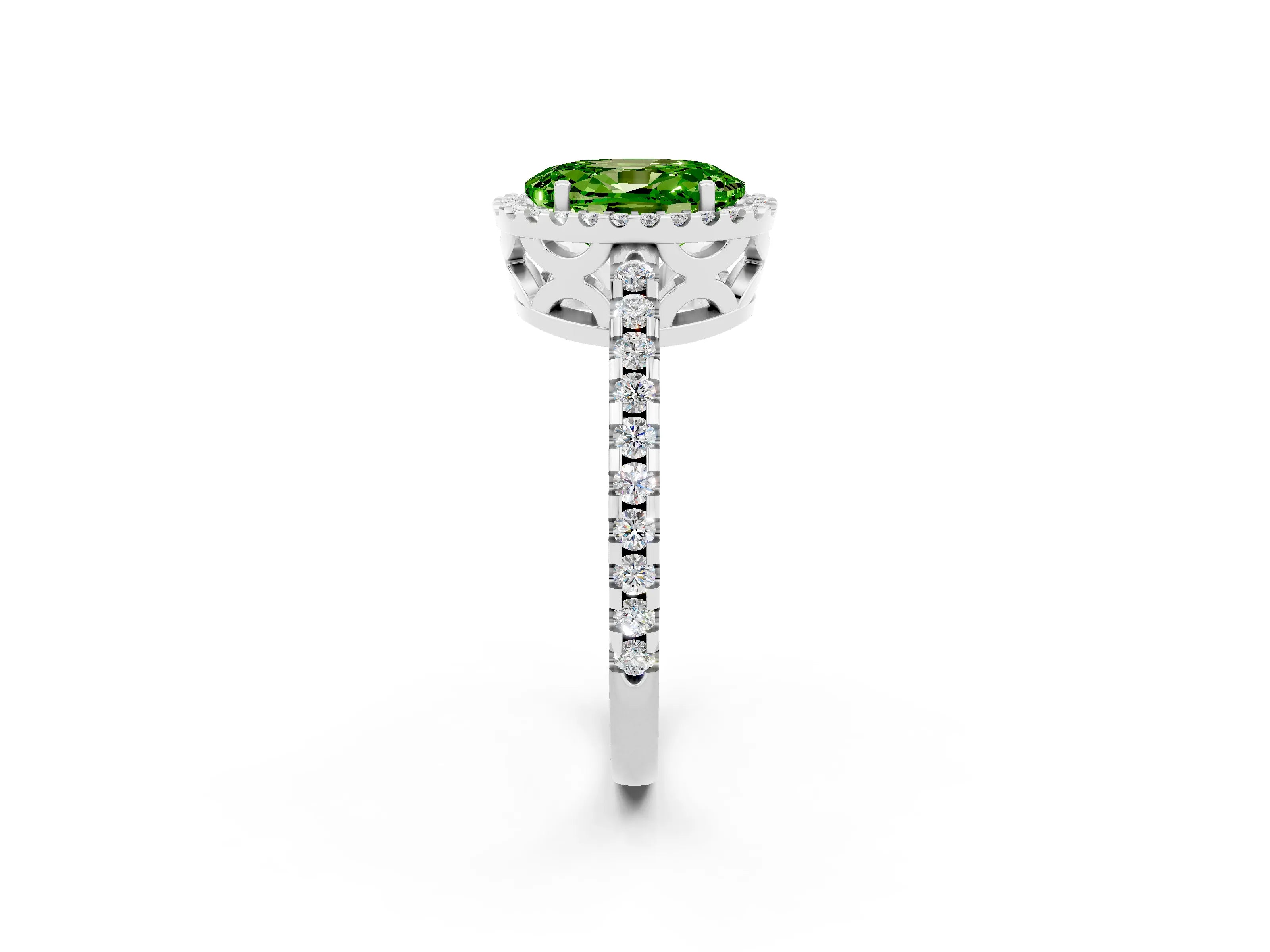 White gold Oval Cut Peridot Halo Engagement Ring with Pavé Band and Prong Setting_14