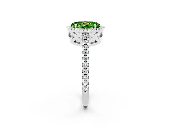 White gold Oval Cut Peridot Halo Engagement Ring with Pavé Band and Prong Setting