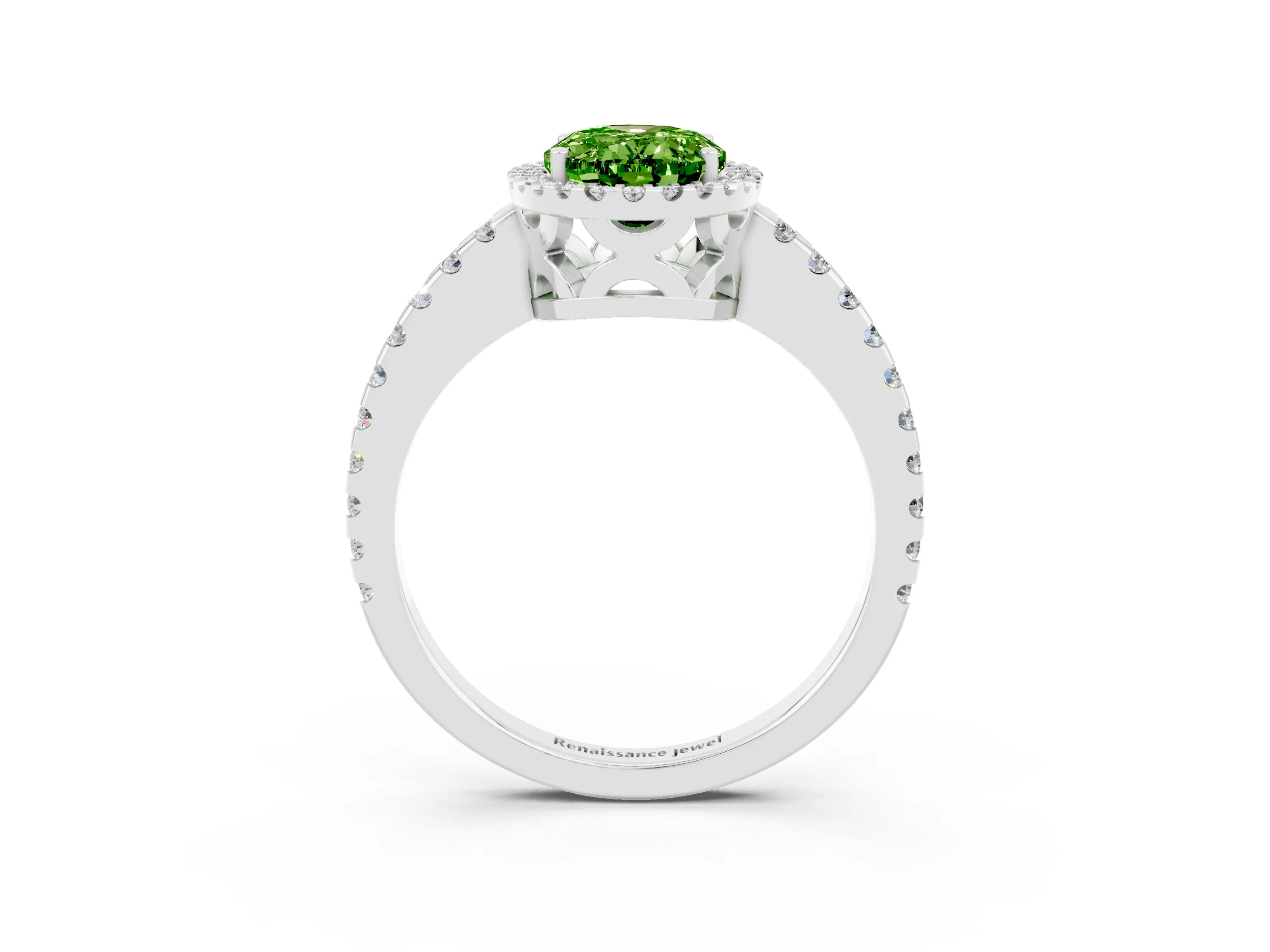 White gold Oval Cut Peridot Halo Engagement Ring with Pavé Band and Prong Setting_15