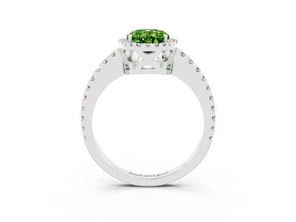 White gold Oval Cut Peridot Halo Engagement Ring with Pavé Band and Prong Setting