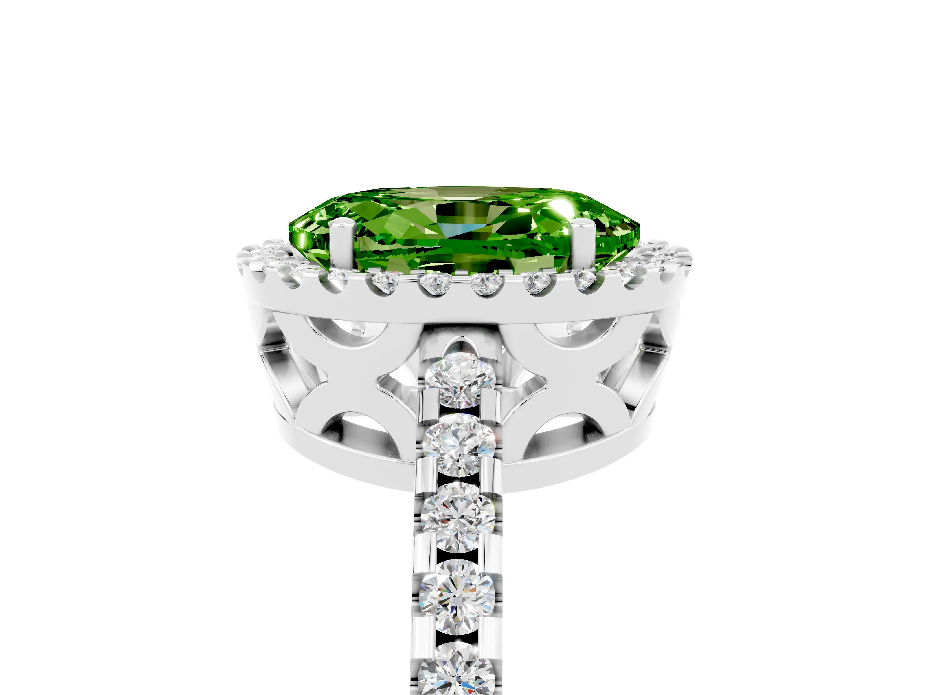 White gold Oval Cut Peridot Halo Engagement Ring with Pavé Band and Prong Setting_17