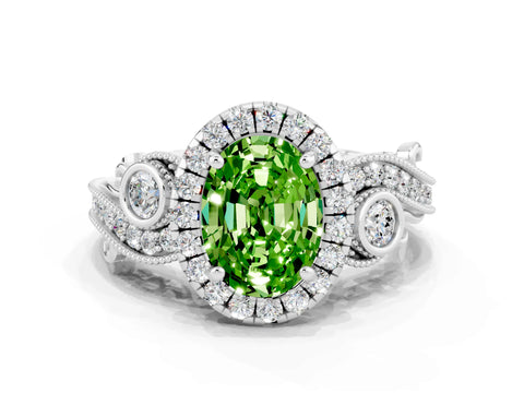 White gold Oval Cut Peridot Halo Ring with Milgrain Pavé Band and Four-Prong Setting_12