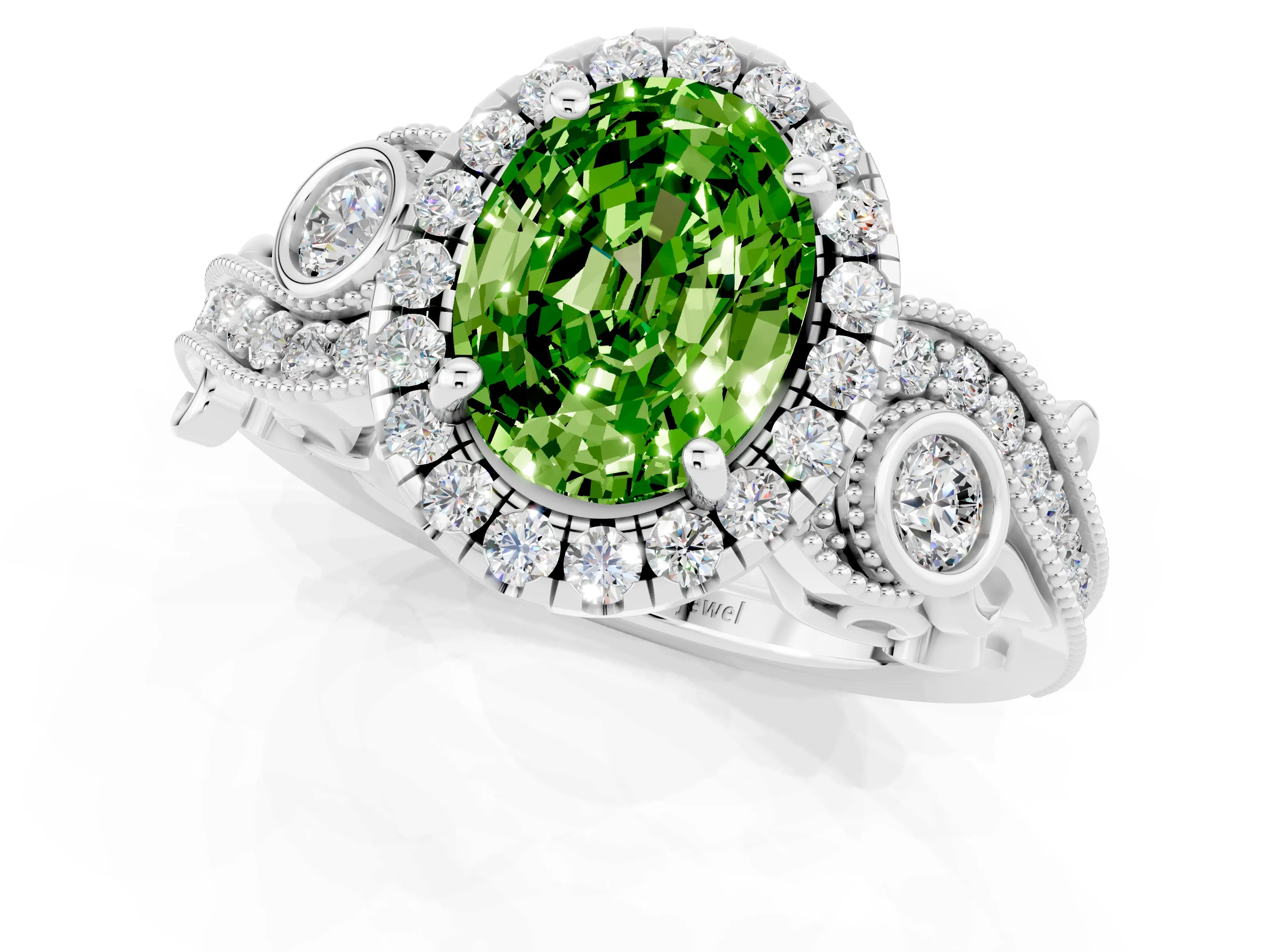 White gold Oval Cut Peridot Halo Ring with Milgrain Pavé Band and Four-Prong Setting_13