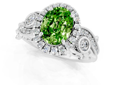 White gold Oval Cut Peridot Halo Ring with Milgrain Pavé Band and Four-Prong Setting_13