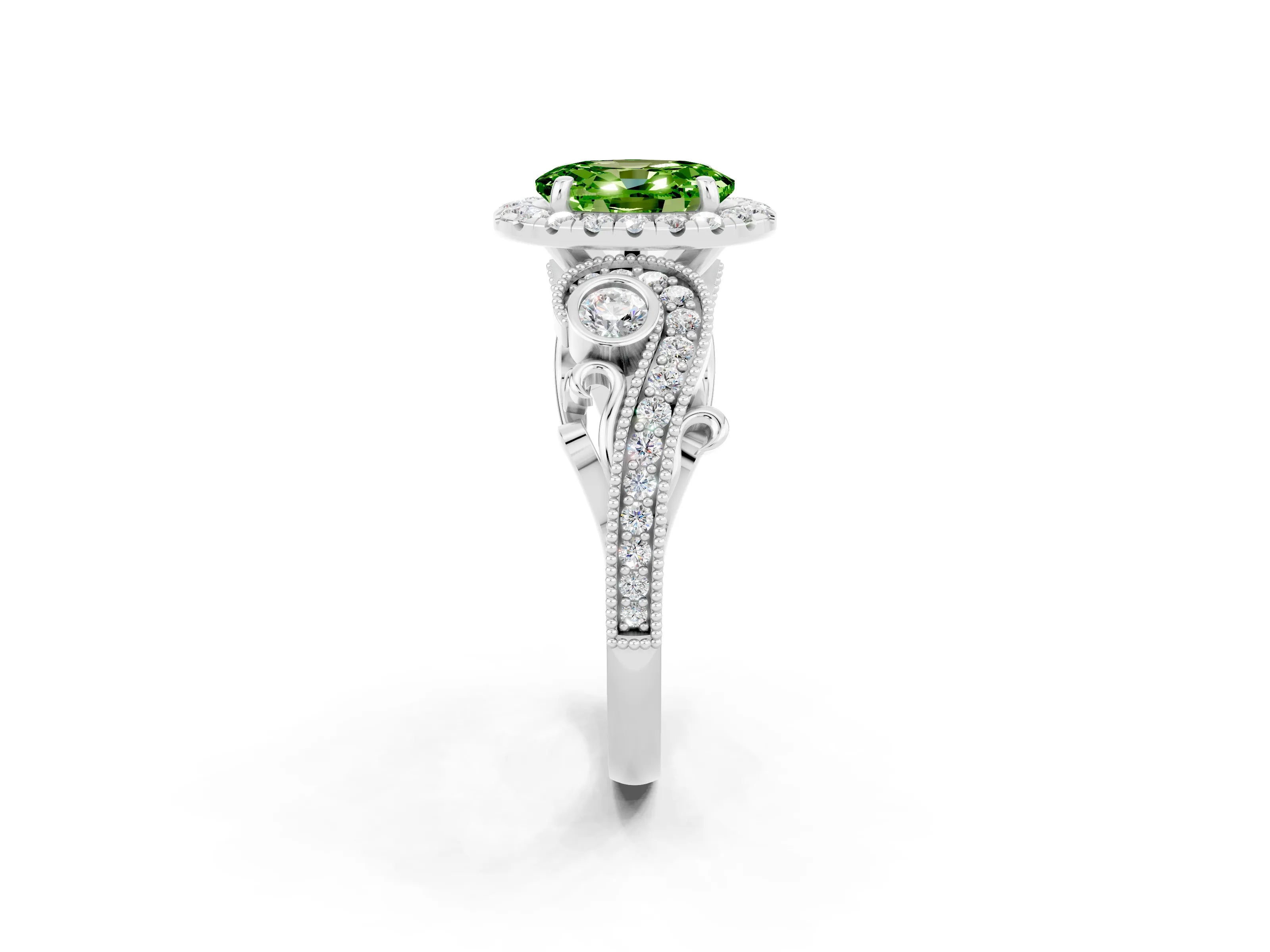 White gold Oval Cut Peridot Halo Ring with Milgrain Pavé Band and Four-Prong Setting_14