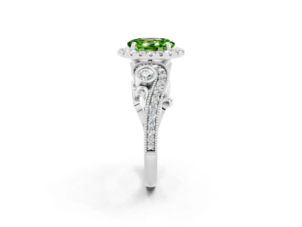 White gold Oval Cut Peridot Halo Ring with Milgrain Pavé Band and Four-Prong Setting