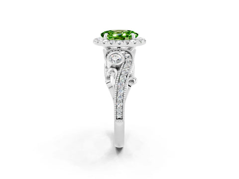 White gold Oval Cut Peridot Halo Ring with Milgrain Pavé Band and Four-Prong Setting_14