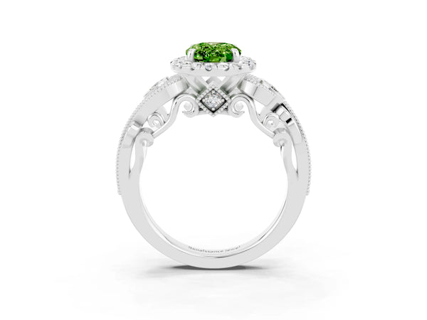 Platinum Oval Cut Peridot Halo Ring with Milgrain Pavé Band and Four-Prong Setting